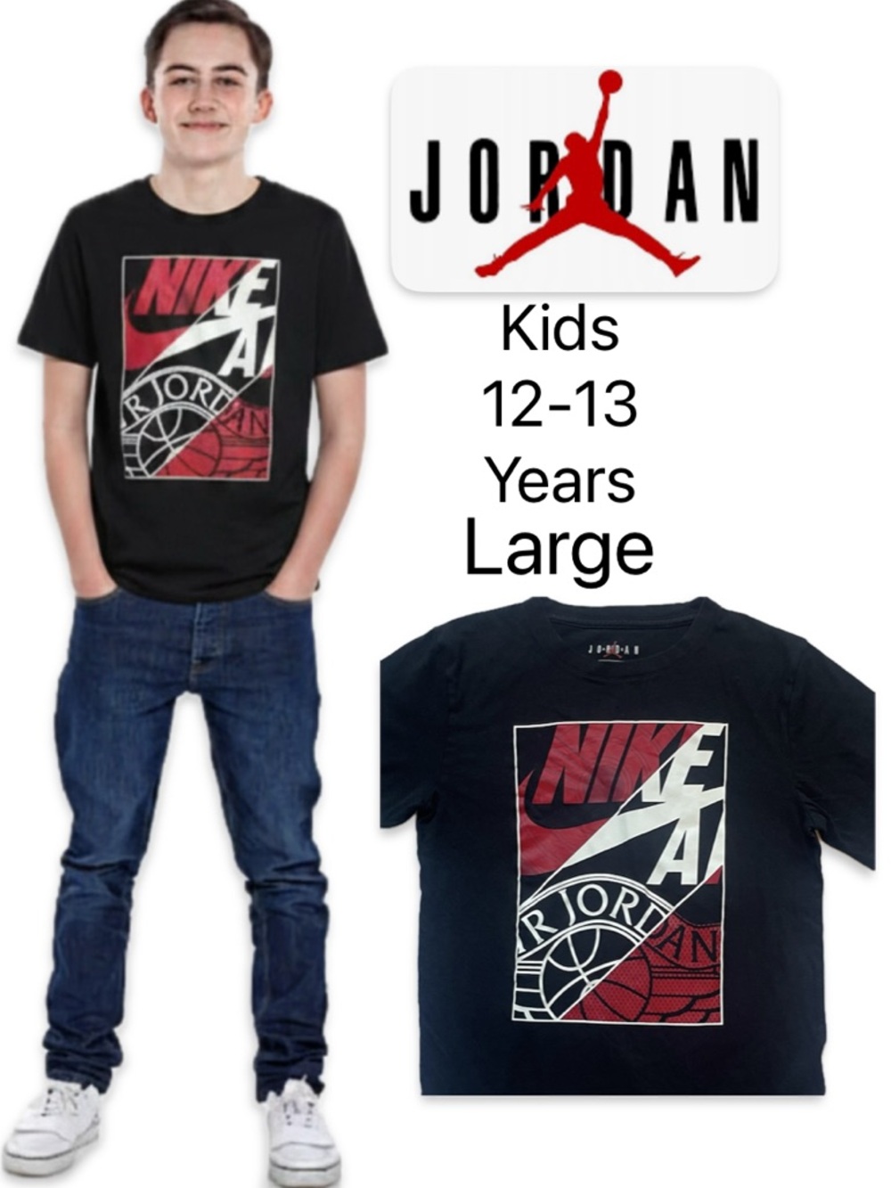 Jordan Kids Black Nike Cotton Graphic Jumpman Short Sleeve T-Shirt Large 12-13